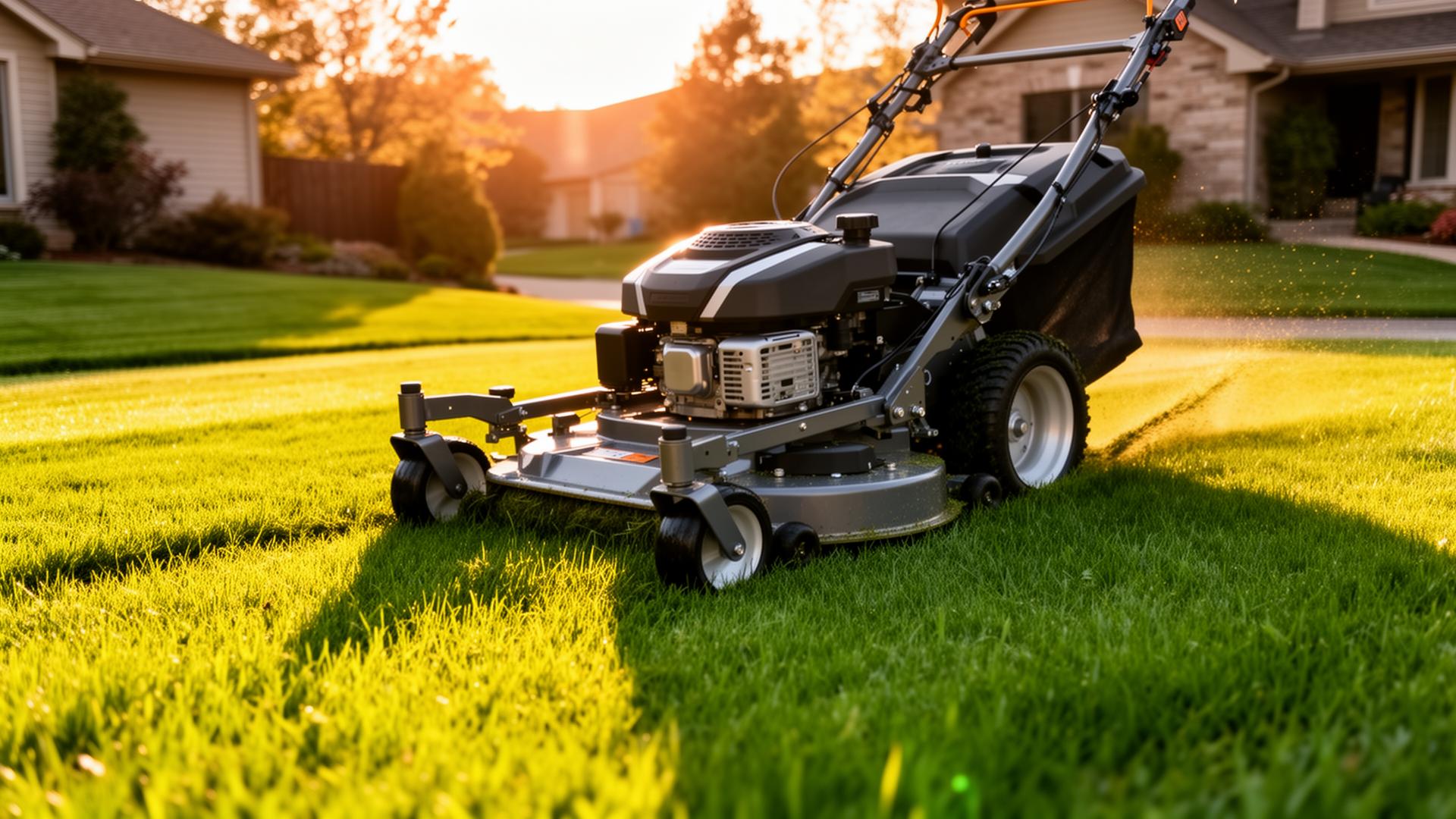 Freshly mowed green lawn at golden hour