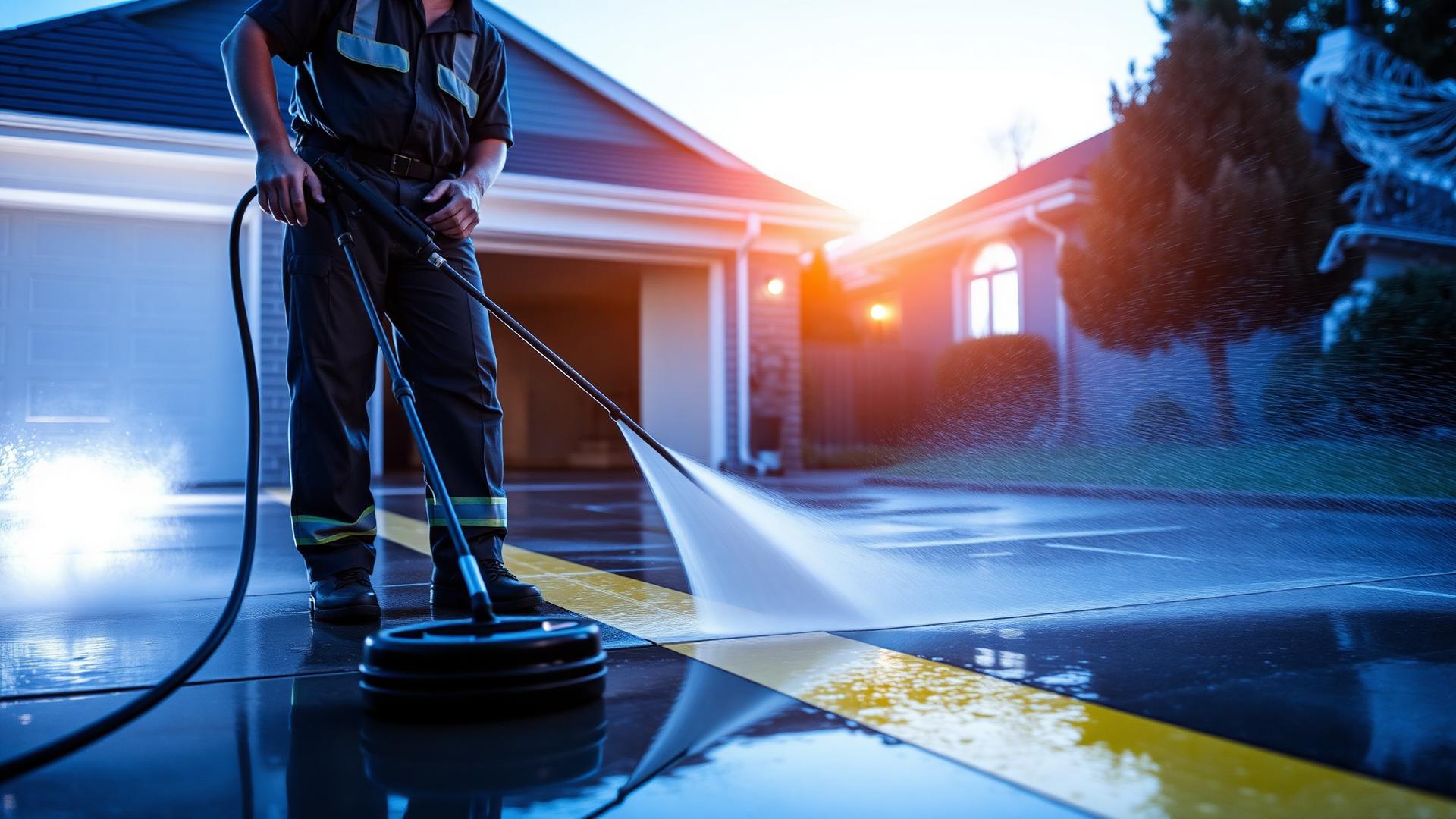 Technician pressure washing a concrete driveway with a surface cleaner